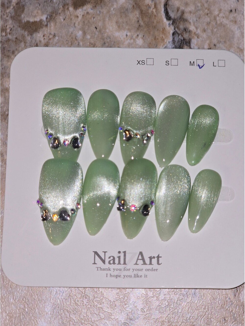 Green Shimmery Press-On Nail Set with Rhinestone Accents, Medium Size